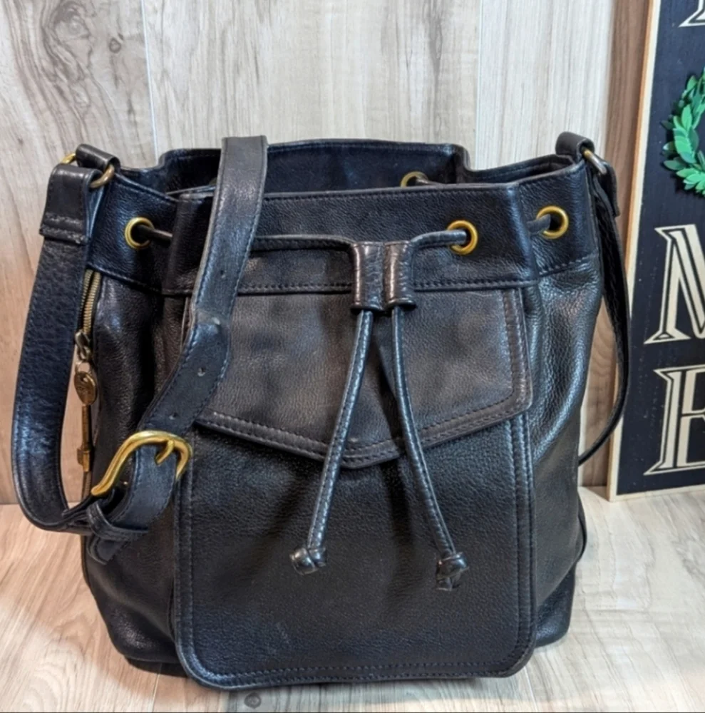 Women's Vintage Fossil Purse Black Leather Bucket Draw String - Picture 1 of 10